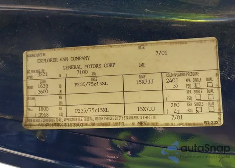 2001 Chevrolet Express Upfitter z USA, uszkodzony, nr VIN 1GBFG15R911183501